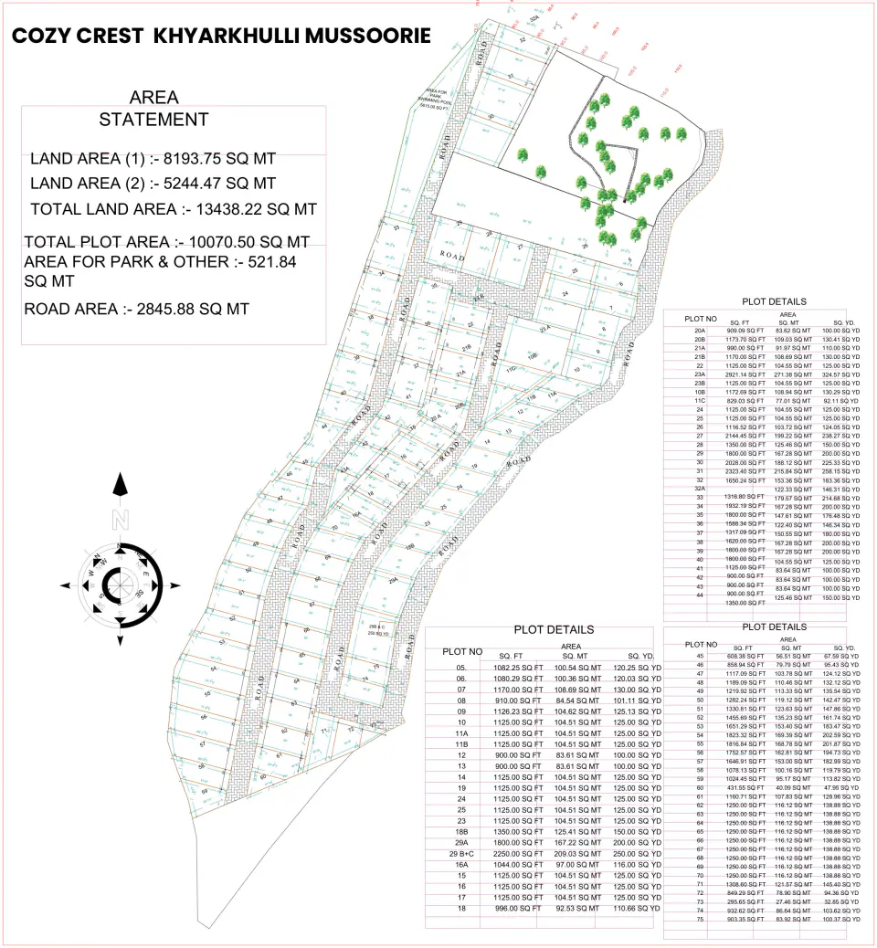 Cozy Crest site plan with area statement and plot numbers