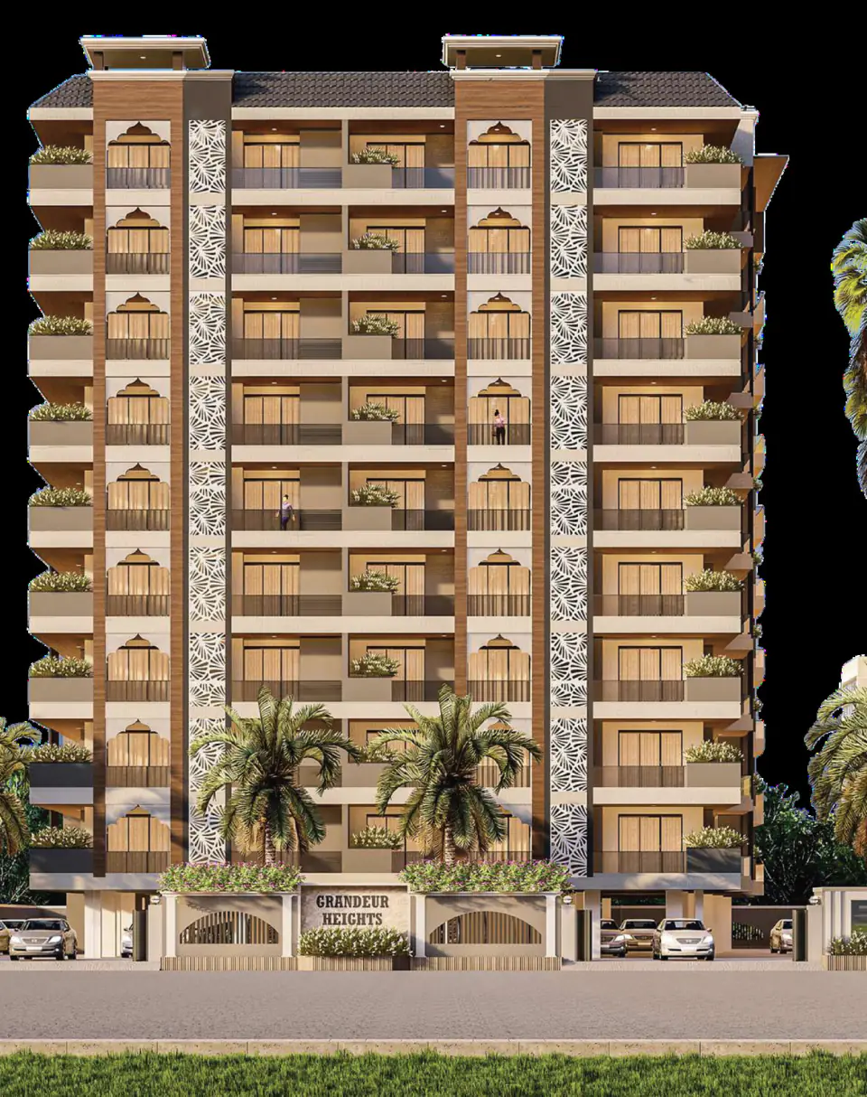 The nine-storey Grandeura Heights tower with balconies and palms