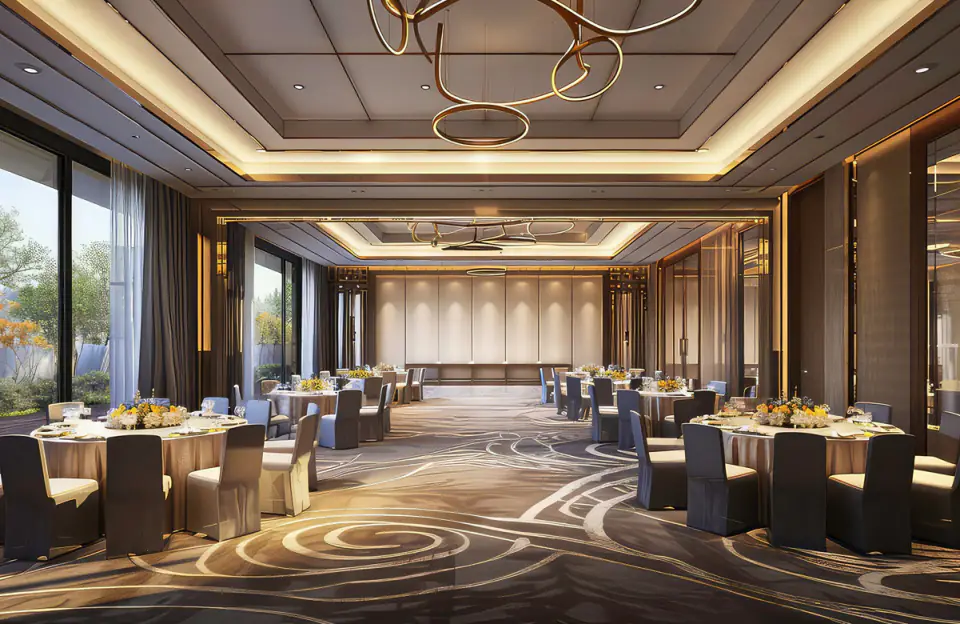 A grand banquet hall with chandeliers and set tables