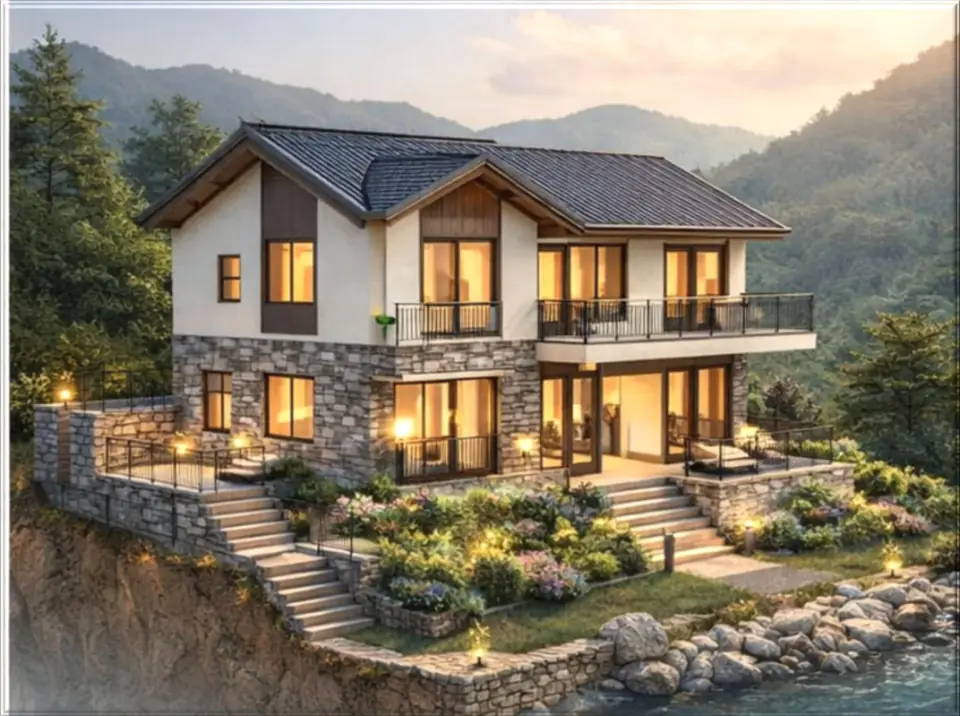 A stone-and-timber cottage with balconies on a landscaped hillside