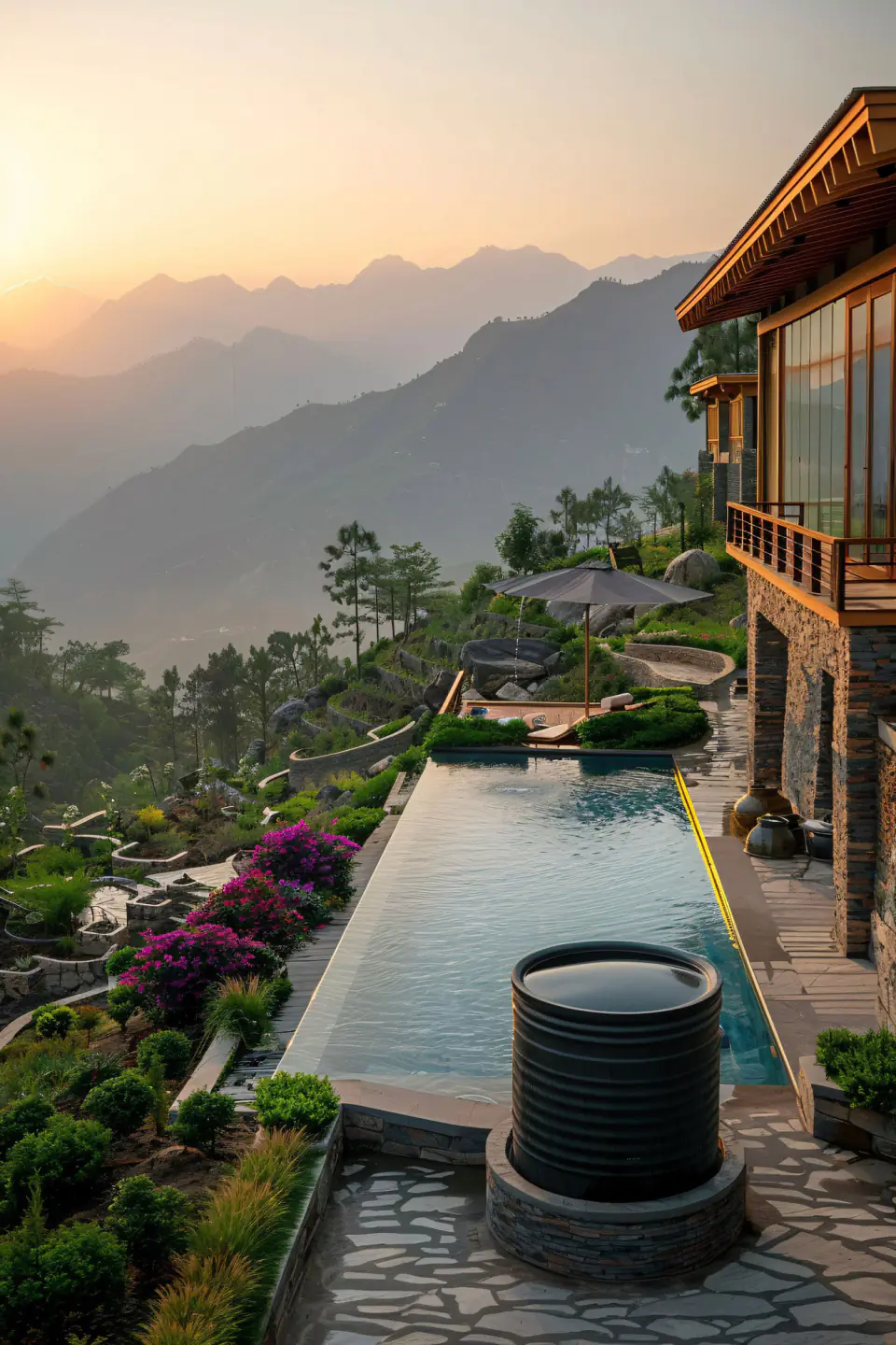 An infinity pool on a timber deck overlooking misty hills at sunset