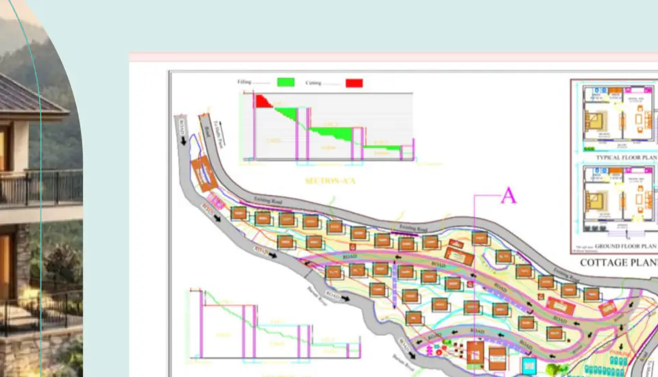 Site plan for cottages at Mussoorie with sections and cottage planning