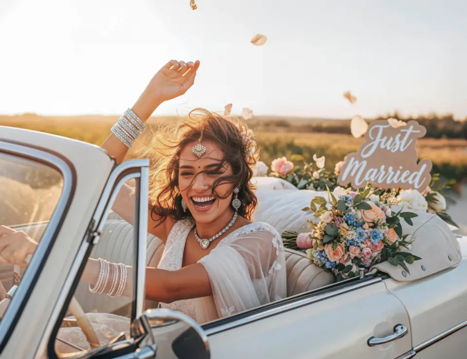 A bride celebrating in a vintage car with a “Just Married” sign