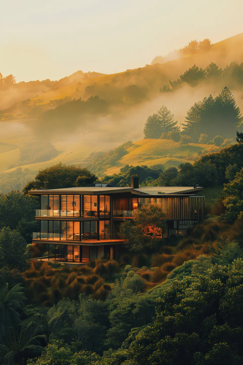 A timber-and-glass home in golden mist on a forested hillside